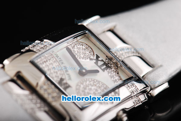 Patek Philippe Twenty-4 Swiss Quartz Movement Plate Platinum Case with Diamond/White Dial and White Leather Strap - Click Image to Close